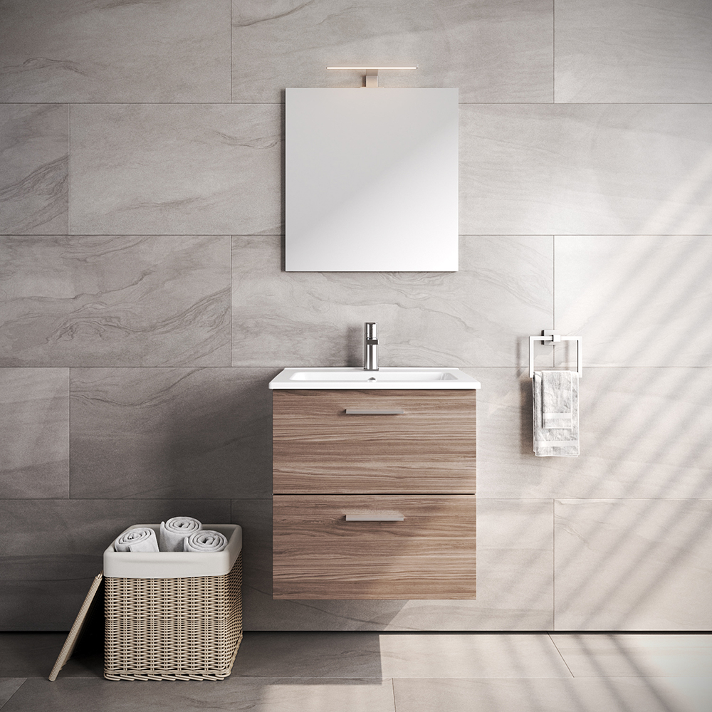 VitrA All-in-One : Natural Walnut Bathroom Cabinet (59cm), Basin & LED Mirror SetNatural Walnut