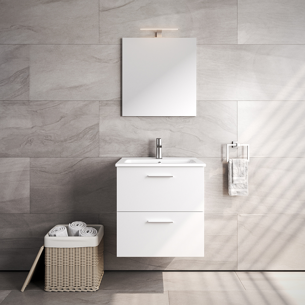 VitrA All-in-One : Glossy White Bathroom Cabinet (59cm), Basin & LED Mirror SetGlossy White