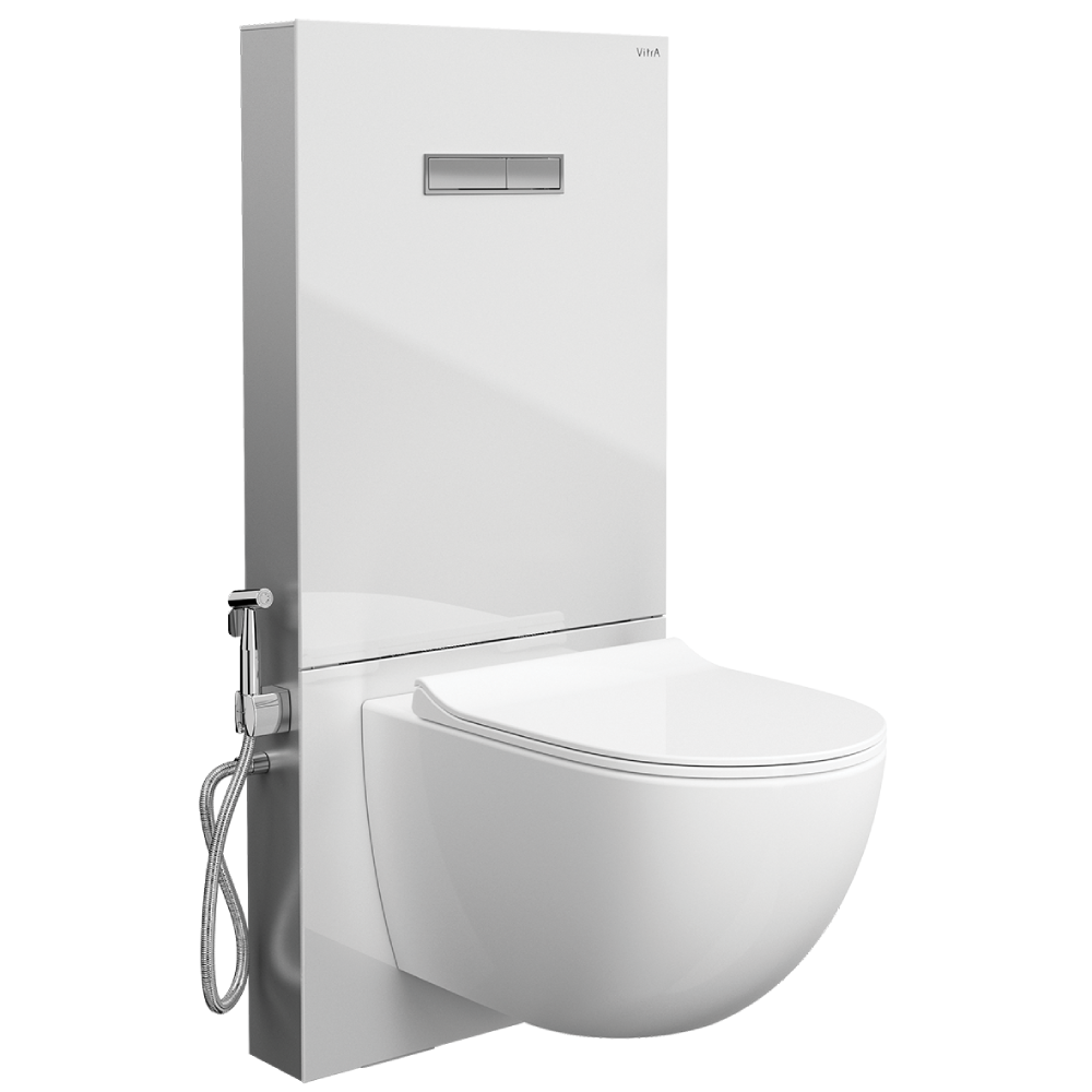 VitrA Full Set Glass WC Frame with Dual Flush Cistern & Trigger Spray - WhiteMatt White