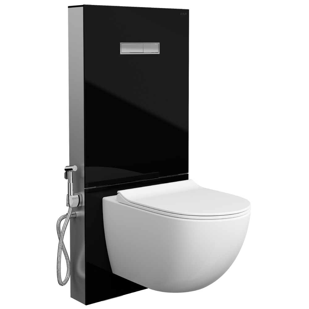 VitrA Full Set Glass WC Frame With Dual Flush Cistern & Trigger Spray - BlackMatt Black