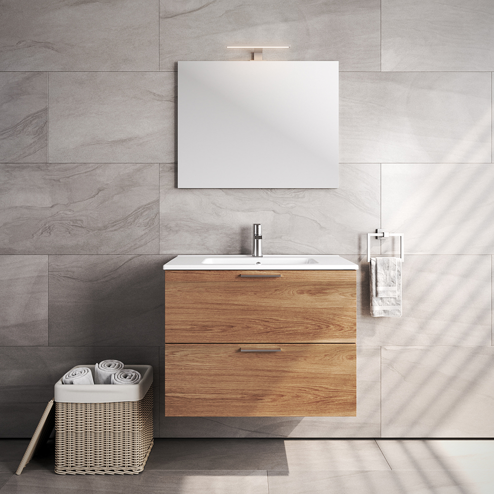VitrA All-in-One : Natural Oak Bathroom Cabinet (79cm), Basin & LED Mirror SetNatural Oak