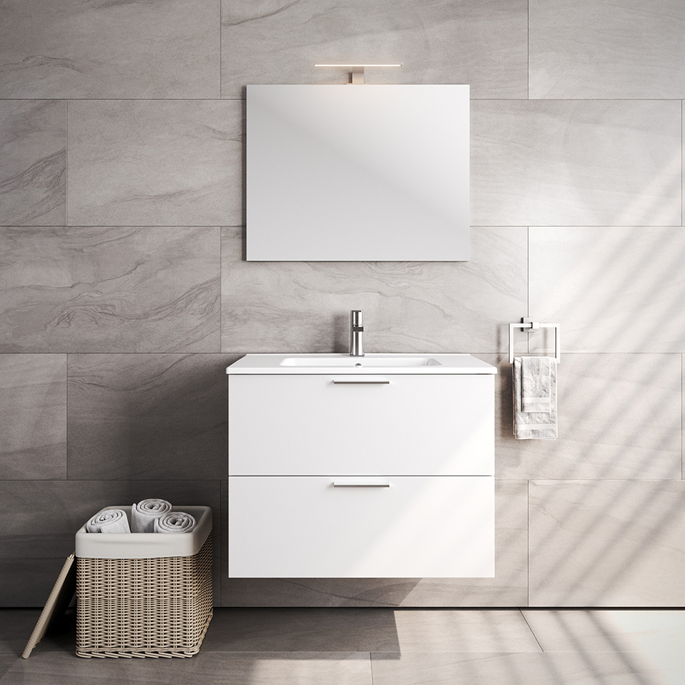 VitrA All-in-One : Glossy White Bathroom Cabinet (79cm), Basin & LED Mirror SetGlossy White