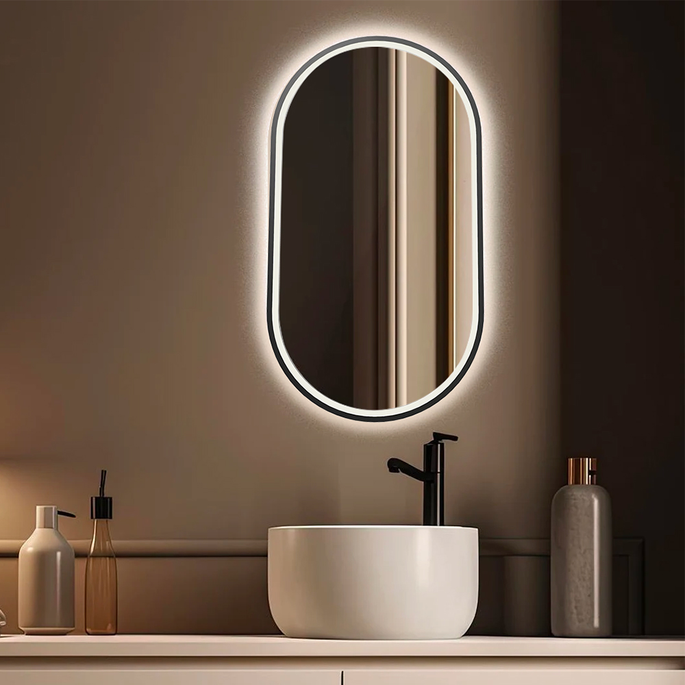 مرآة بيضاوية مع إضاءة LED ومستشعر من برنستين 55(عرض)×100(ارتفاع) سم - إطار أسود