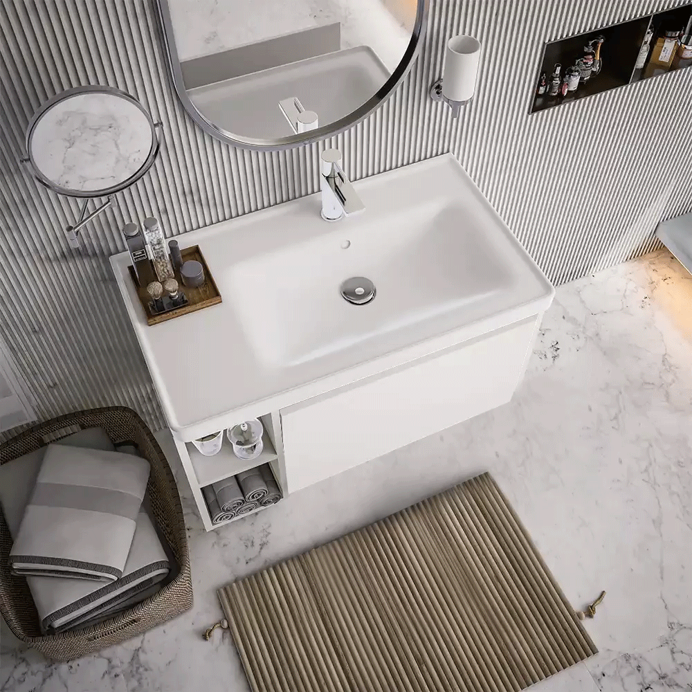 طقم خزانة حمام 80 (عرض) × 48 (عمق) سم أبيض مطفي مع مغسلة سيراميك من ديورافيتأبيض غير لامع