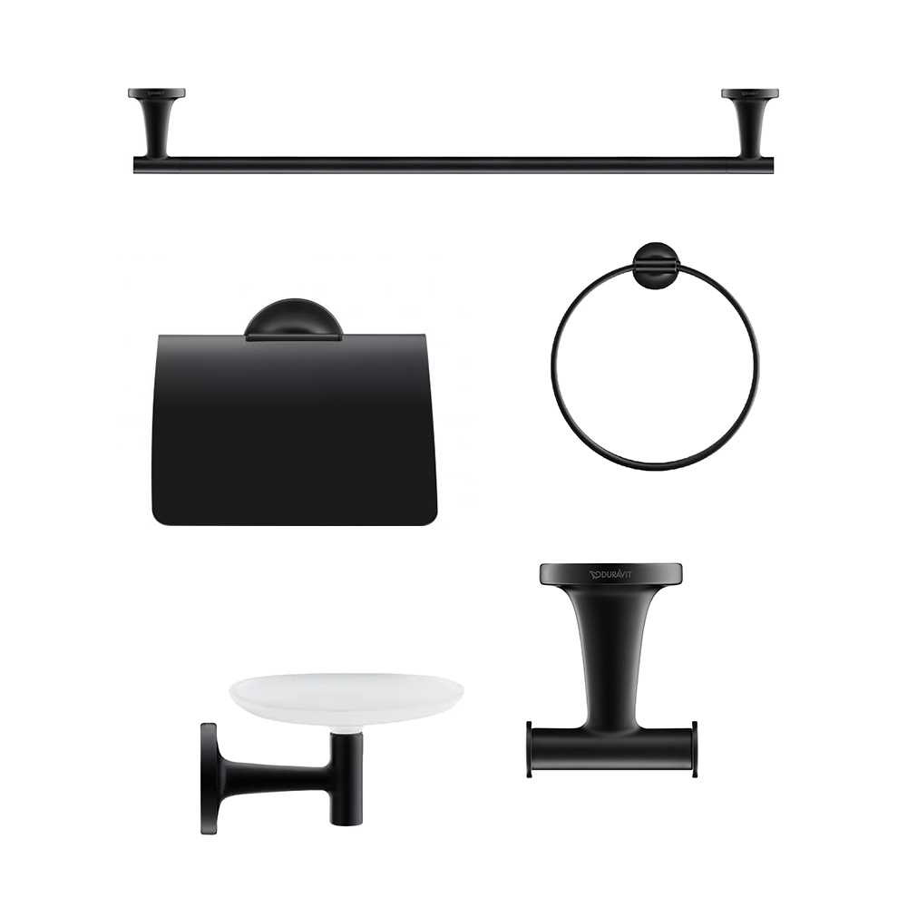 Duravit 5 Piece Bathroom Accessory Set with Self Adhesive or Drilling Fixing - BlackMatt Black