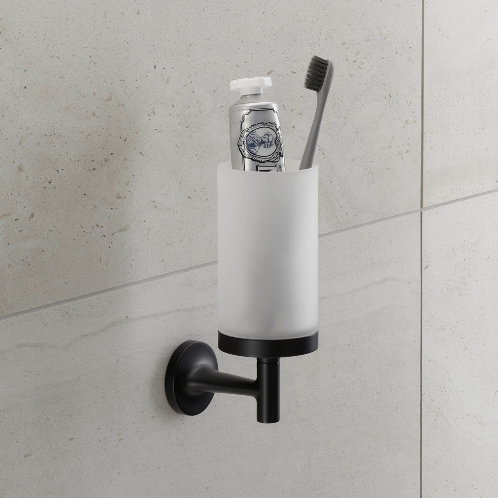 Duravit Wall Mounted Toothbrush Cup Design by STARCK with Self Adhesive or Drilling Fixing - BlackMatt Black