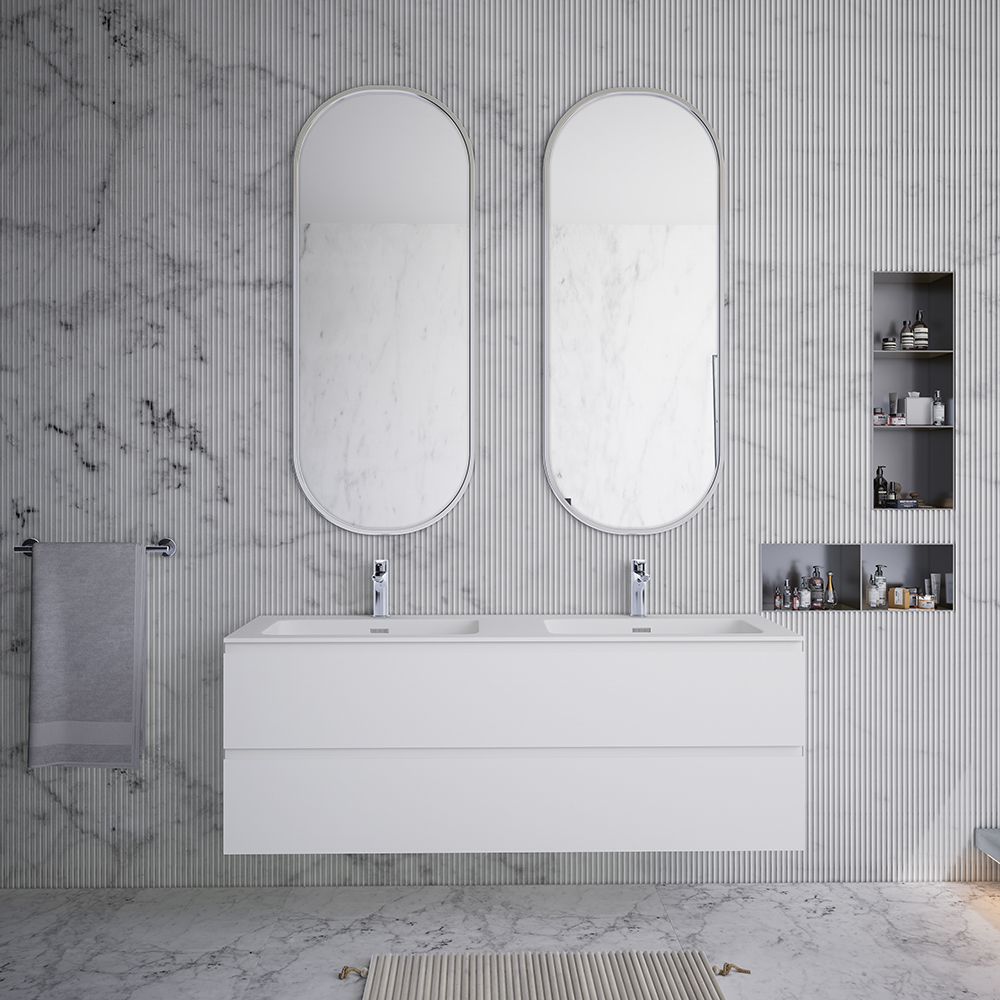 Bernstein Bathroom Cabinet Set 138(W)x48(D) cm Glossy White with Double Cast Marble BasinsGlossy White