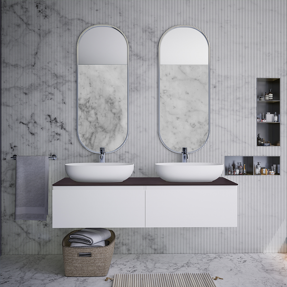 Bernstein Bathroom Cabinet Set 150(W)x50(D) cm Matt White with Two Solid Surface BasinsMatt White