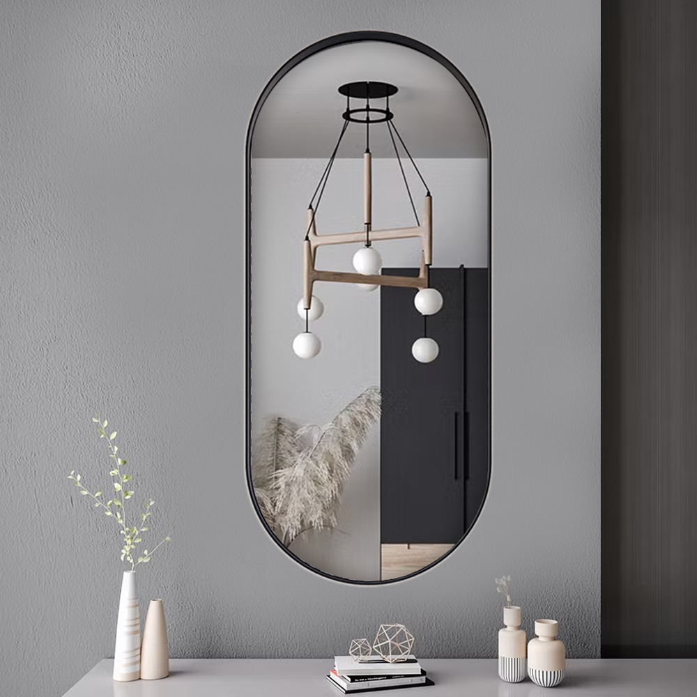 Handcrafted Oval Wall Mirror 40x90 cm - Black Steel FrameBlack