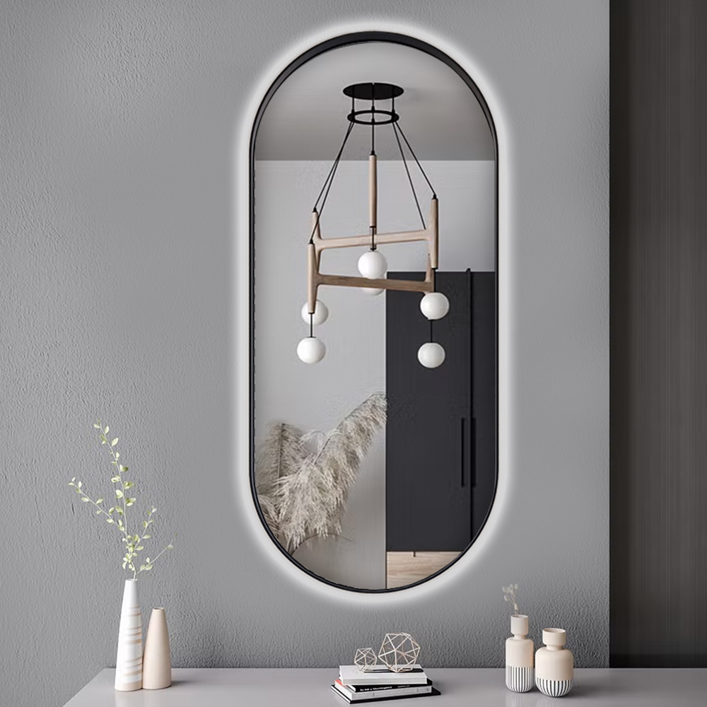مرآة بيضاوية مصنوعة يدويًا 40 (عرض) × 90 (ارتفاع) سم - إطار فولاذي أسود مع ضوء ليدLED Black