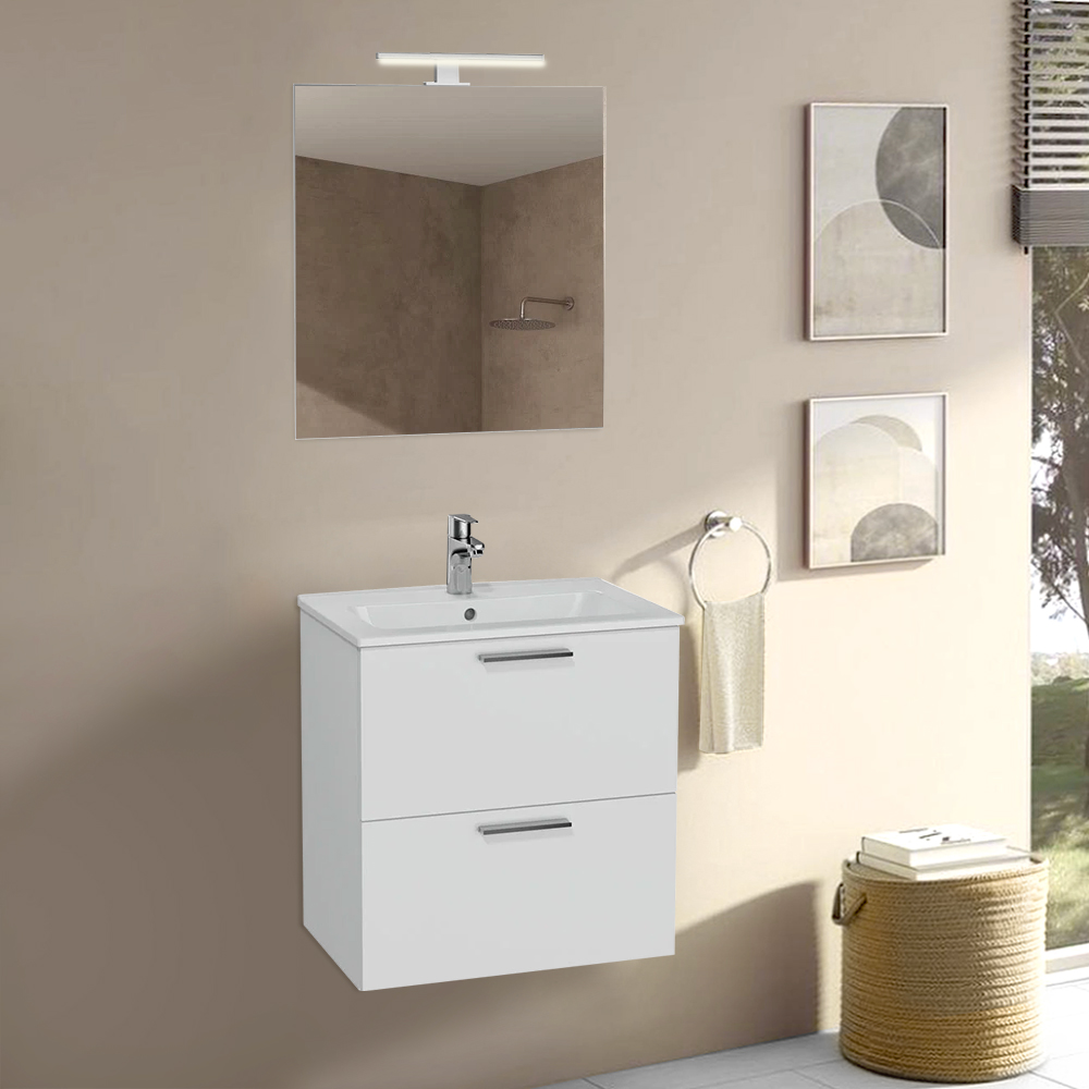 VitrA All-in-One : Glossy White Bathroom Cabinet (59cm), Basin & LED Mirror SetGlossy White