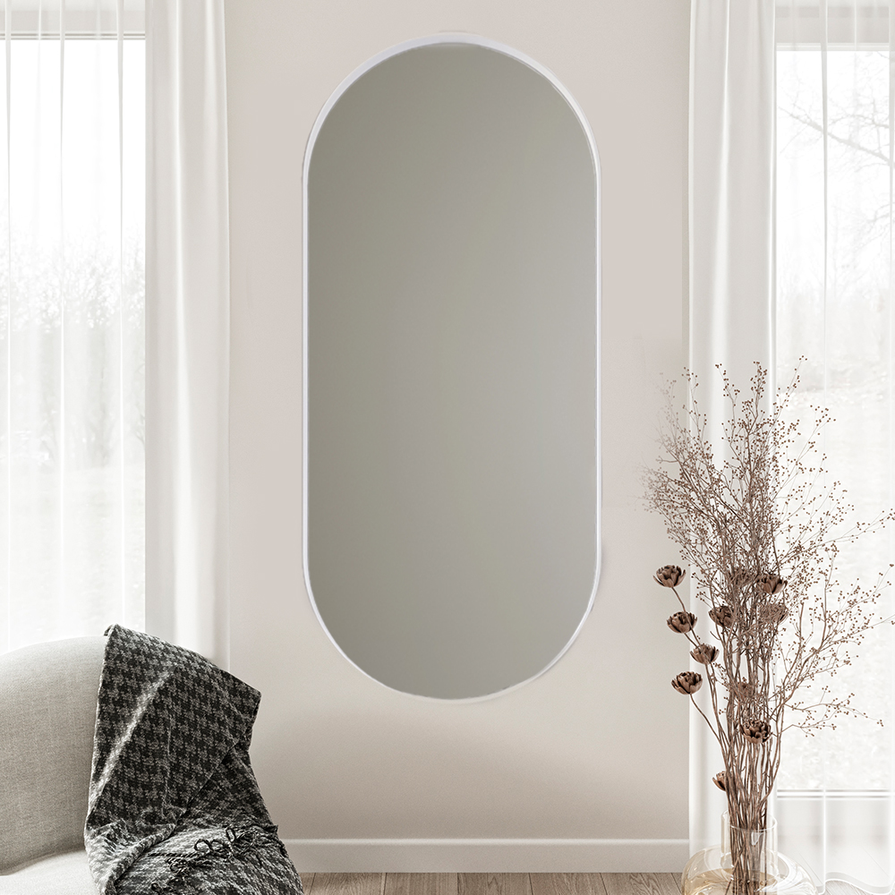 Handcrafted Oval Wall Mirror 40x90 cm - White Steel FrameWhite