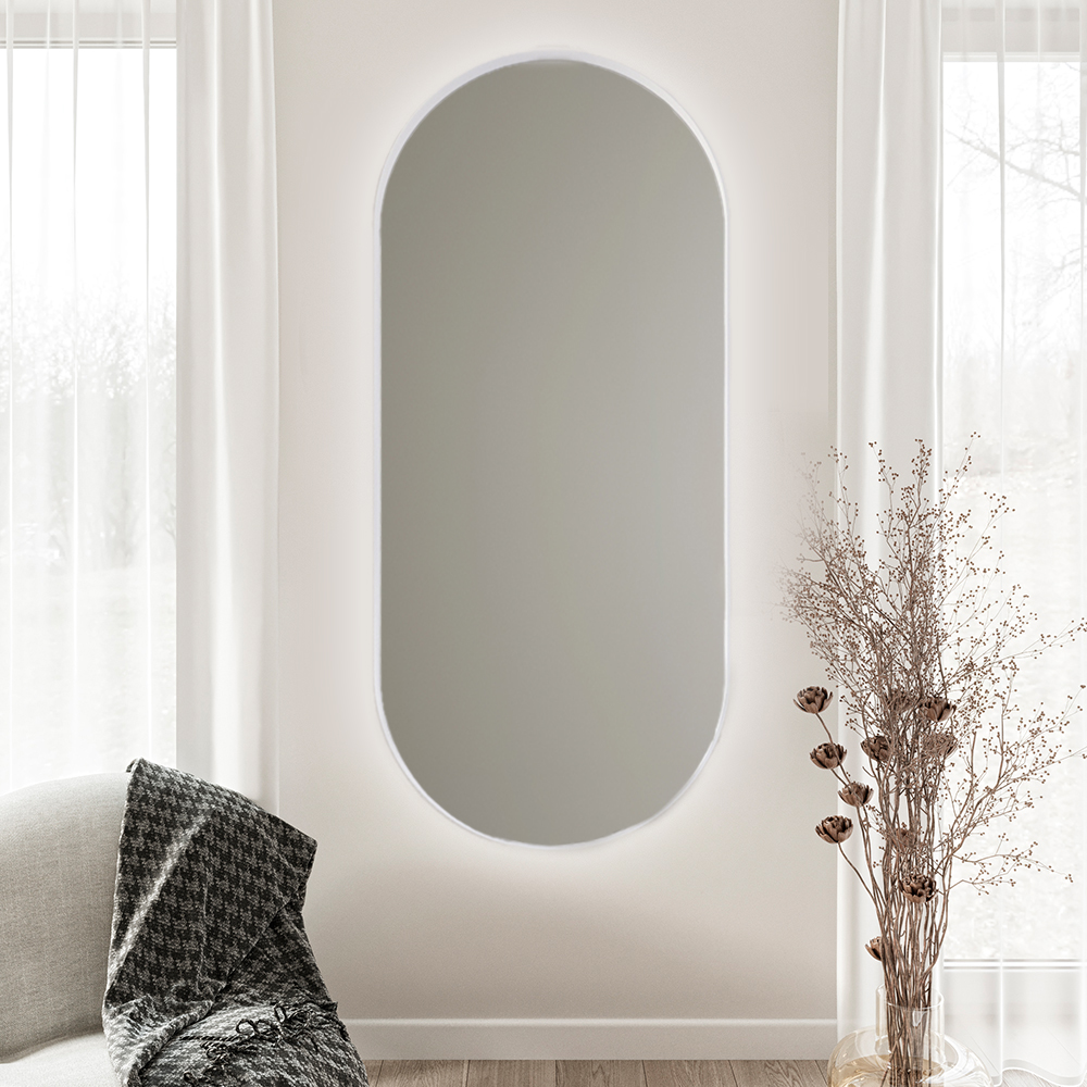 مرآة بيضاوية مصنوعة يدويًا 40 (عرض) × 90 (ارتفاع) سم - إطار فولاذي أبيض مع ضوء ليد LED White